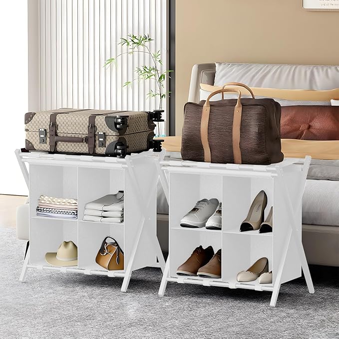 Luggage Rack for Guest Room, Folding Suitcase Stand with Fabric Storage Shelf, Luggage Holder, Steel Foldable Luggage Stand for Guest Room, Bedroom, Hotel, White