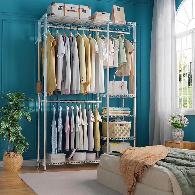 Simple Trending Heavy Duty Clothing Rack Loads 450 LBS, Garment Racks with Adjustable Shelves for Hanging Clothes, Metal Wardrobe Closet, Chrome