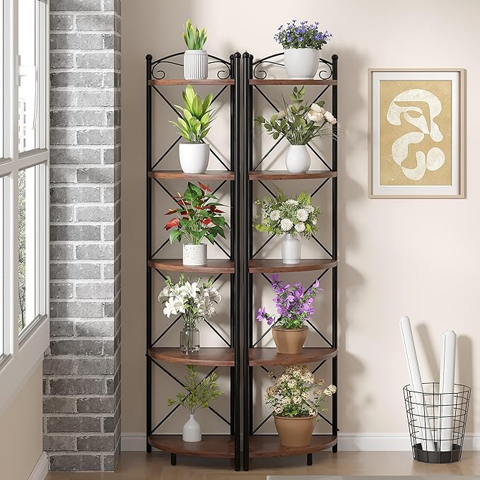 VECELO 5 Tier Corner Shelf Stand, 55.2" Tall Corner Bookshelf, Rustic Brown Storage Standing Shelf for Living Room, Plant Stand &Corner Bookcase for WallCorner, Living Room, Kitchen, Bedroom, Office