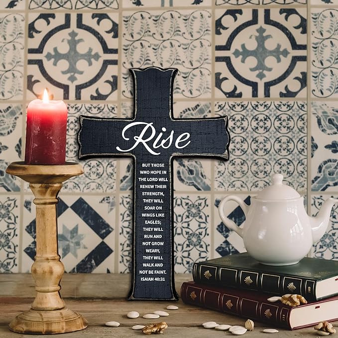 dsjaidh Cross Wall Decor - Black Scripture Wooden Cross For Wall - Gothic Wooden Hanging Signs Christian Easter Decor for Home Office Church Baptism - Christian Gifts for Men Women (Rise) - A06