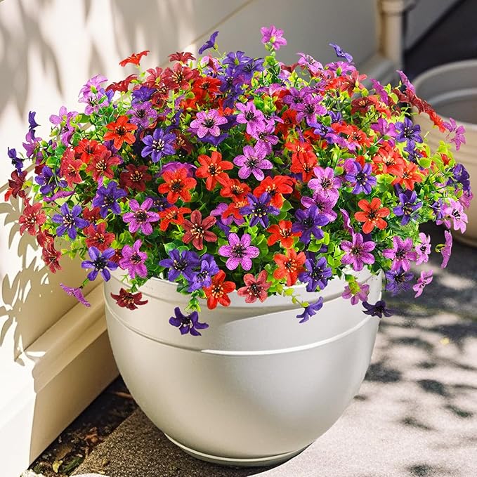 Artificial Fake Outdoor Plants Flowers for Spring Decoration, 12 Bundles UV Resistant Faux Daisy Silk Flower with Eucalyptus Stem for Outside Planters Porch Patio Yard Window Garden (Mix 4 Colors)