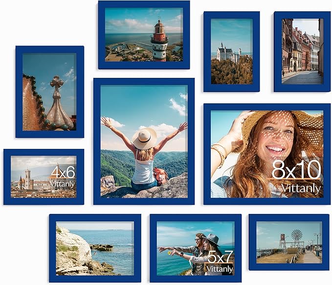Vittanly 10 Pack Picture Frames Collage Wall Decor, Gallery Frame Set for Wall Mounting or Tabletop Display, Multi Sizes Including 2pcs 8x10, 4pcs 5x7, 4pcs 4x6, Blue
