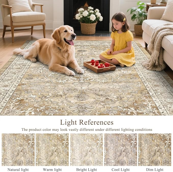U'Artlines Boho Vintage Area Rug 5x7 Machine Washable Low Pile Soft Floor Carpet Non Slip Non Shedding Accent Rug for Living Room Bedroom Entryway Dining Room Office Cream Tan