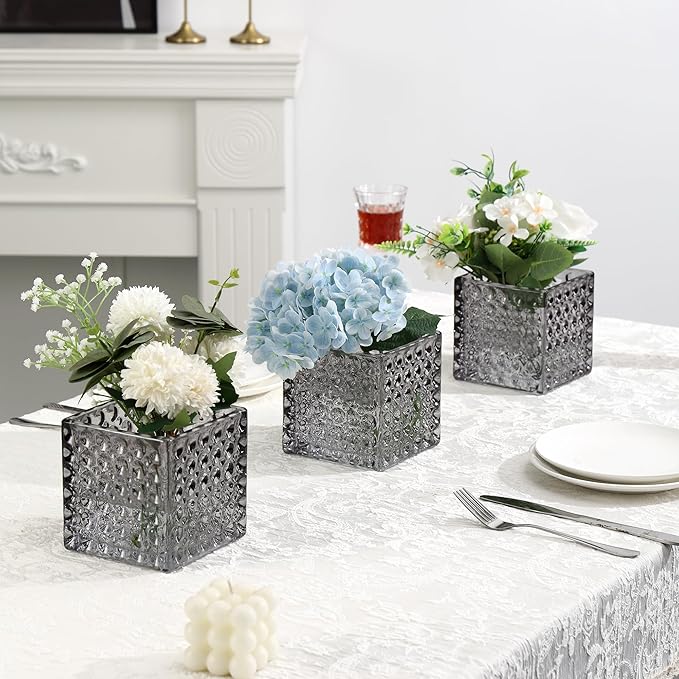 Square Vases Set of 6, 5" x 5" x 5" Square Glass Vases for Flowers, Black Flower Vase for Centerpieces, Small Bubble Vase for Wedding, Party, Home, Office, Parties, Events