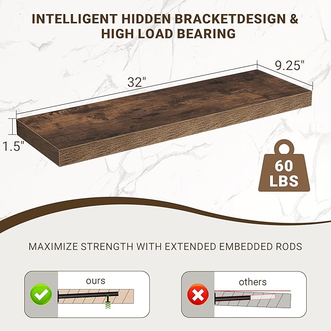 Acovy 32 Inch Floating Shelves, 3D Textured Wood Grain, 32"x9.25"x1.5" Inch Deep Floating Shelves for Wall, Wooden Shelves for Bathroom, Bedroom, Living Room, Brown, 2 Pieces