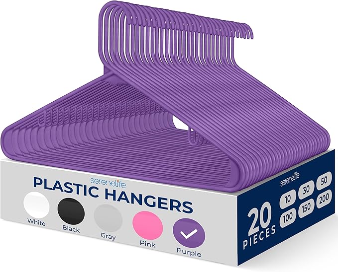 SereneLife Premium 20 Pack Plastic Hangers, Lightweight, Durable, Space Saving Clothes Organizers, Suitable for Shirts, Sweaters, Hoodies, Dresses, Kids Clothes, Good for Home Organization (Purple)