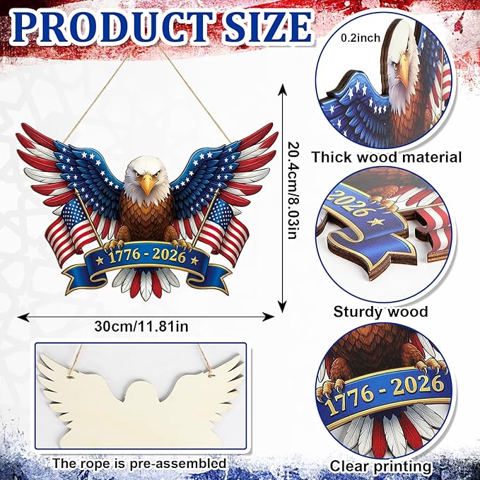 250 Anniversary 4th of July Decoration Door Wreath for Front Door Sign Patriotic Eagle Wall Signs 250 Years of Freedom 1776-2026,Independence Day Patriotic Day Wreath Memorial Day Hanging for Home