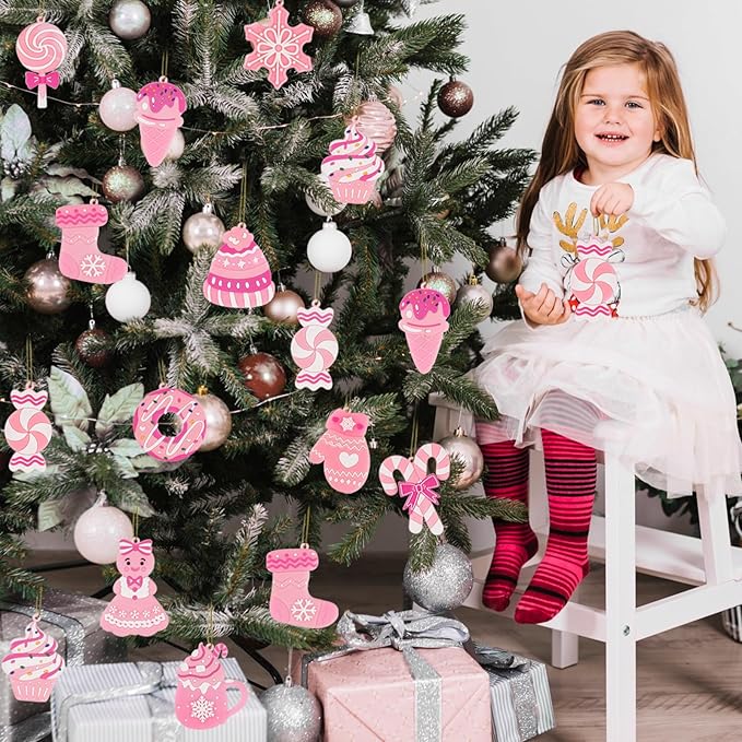 Pink Candy Ornaments for Christmas Tree Decorations, 12 PCS Soft PVC Candy Sweet Christmas Ornaments for Xmas Tree Party, Home, Office Decor