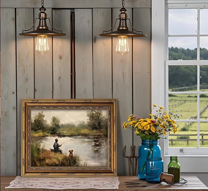Vintage Gold Framed Wall Art Boy Fishing Country Oil Painting Canvas Prints Peaceful Lake Landscape with Dog Picture Rustic Farmhouse Poster Artwork for Nursery Living Room Bedroom, 16x24in