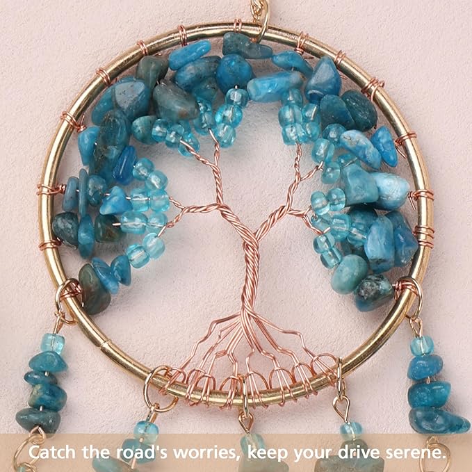 Pretty Jolly Small Tree of Life Crystal Stone Dream Catchers Blue Feathers Mini Dreamcatchers for Cars Rear View Mirror Hanging Decoration Good Luck Travel Charm Bedroom Ornaments for Women Girls