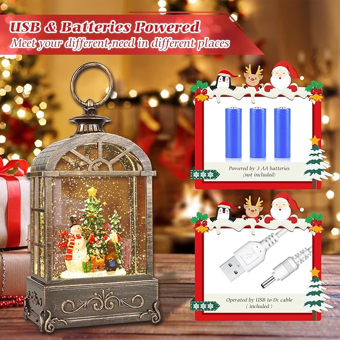 Christmas Snow Globe Lantern, Lighted Swirling Glitter Christmas Lanterns,with 6 Hour Timer Musical Snow Globes, Battery Or USB Powered, Snowman Snow Globe Gifts for Kids, Indoor Christmas Decorations