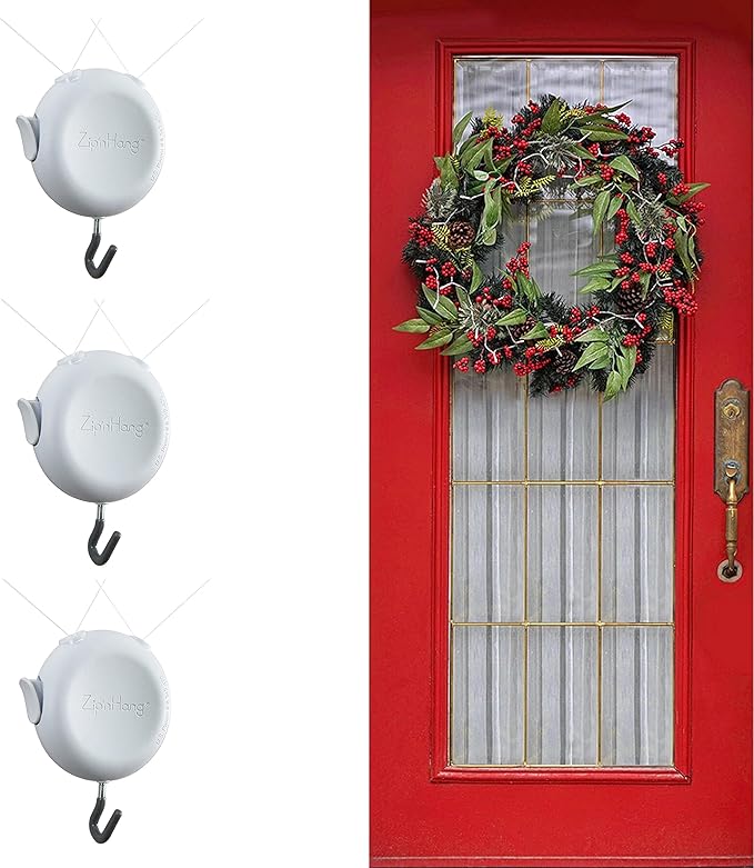 Zip 'n Hang Wreath Hanger for Front Door – Damage Free Adjustable Door Wreath Hanger for Glass, Screen & Standard Doors, Christmas Wreath & Decor Hook (White - 3 Pack)