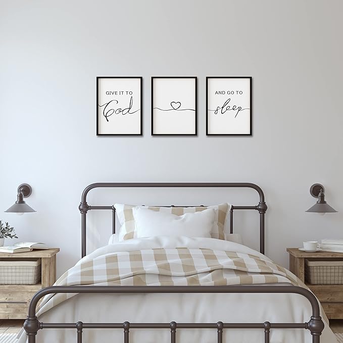 Set of 3 Framed Farmhouse Give it to God and Go to Sleep Signs Above Bed Wall Decors for Bedroom Wood Signs (Black, 16x24 inches)