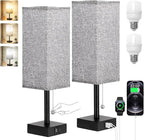 aooshine Bedside Table Lamps Set of 2 - Gray Bedroom Lamps with 3 Color Temperatures (3000K/5000K/4000K), Square Nightstand Light with USB C + A Charging Ports, Pull Chain Small Night Light