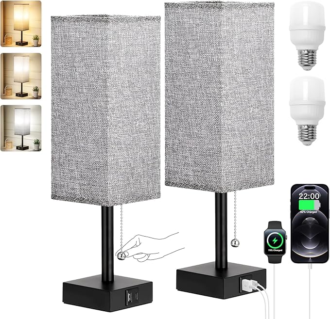 aooshine Bedside Table Lamps Set of 2 - Gray Bedroom Lamps with 3 Color Temperatures (3000K/5000K/4000K), Square Nightstand Light with USB C + A Charging Ports, Pull Chain Small Night Light