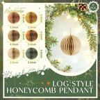 NICROLANDEE Christmas Hanging Decorations, 6 PCS Nature Round Glitter Edge Paper Honeycomb Ornaments, Green Brown Mini Paper Lanterns Ornament for Christmas Tree Décor, New Years Party Home Decor