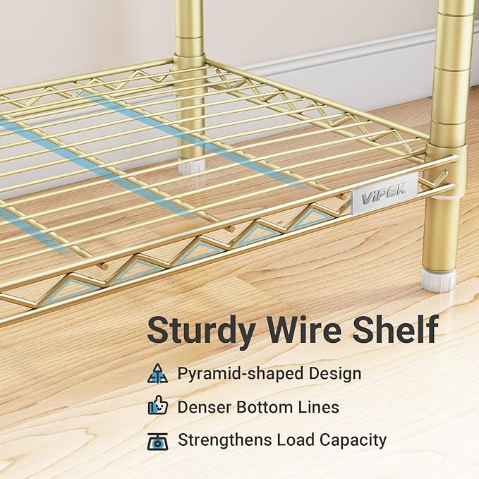 VIPEK R3 Heavy Duty Clothes Rack with Lockable Wheels, Rolling Portable Closet with Adjustable Shelves & Hanging Rod & Side Hooks, Compact Space-Saving Storage for Small Apartments/Dorms (Gold)