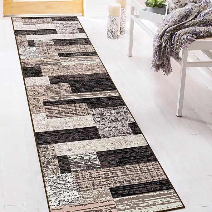 FlyDOIT Modern Geometric Patchwork Area Rug, 2.7x10 Chocolate Runner Rugs for Living Room, Rockwood Collection Indoor Rugs for Bedroom, Throw Carpet Floor Decor for Entryway Dining Room Office Nursery