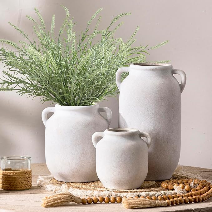 Large Flower Vase Home Decor - 12 inch Tall Ceramic Farmhouse White Rustic Table Vases with Handle Living Room Decoration Decorative Modern for Fireplace Kitchen