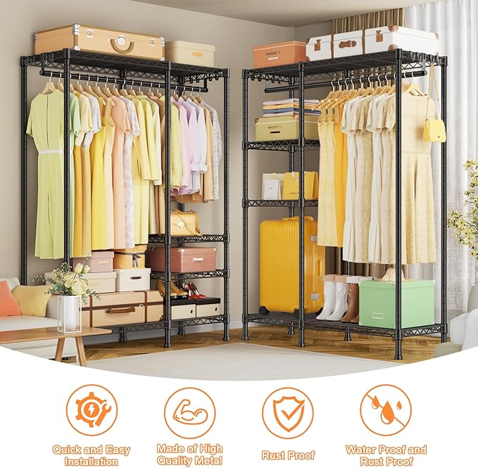 Ulif F4 Heavy Duty Clothes Rack (With Hanger Rod) Freestanding Clothing Racks for Hanging Clothes，Adjustable Closet Organizer System, Portable Garment Rack 45"W x 15.8"D x 71.3"H,Max Load 600LBS,Black