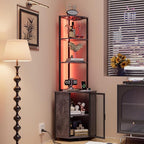 VECELO 6 Tier Corner Shelf with LED Light and Charging Station, 63” Tall Standing Cabinet Organizer, Narrow Bookshelf with Storage Rack for Living Room, Bedroom, Kitchen, Balcony, Small Space