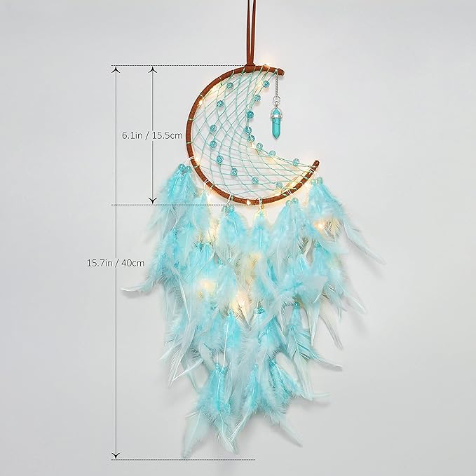 Dremisland Moon Dream Catcher with Fairy Lights-Handmade Feather Lucky Turquoise Pendant Beads Wall Hanging Ornament for Kids Bedroom Home Decoration,Art Craft Gift. (Sky Blue)