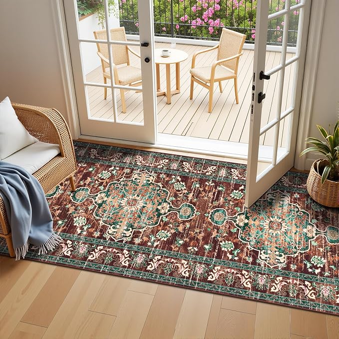 U'Artlines 3' x 10' Boho Hallway Runner Rug, Rust Non Slip Washable Vintage Farmhouse Accent Rug Carpet for Kitchen Entryway Laundry and Living Room (Rust＆Teal)