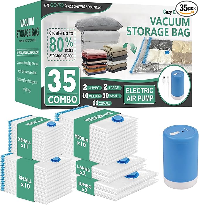 Cozy Essential Travel Vacuum Storage Bags with Rechargeable Cordless Electric Pump, Space Saver Bags for Luggage, Suitcase, Carry-On, for Clothes, Blankets, Comforters, Pillows, 35 Combo
