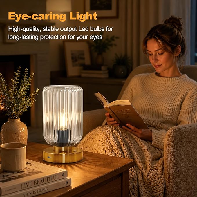 Touch Table Lamp for Nightstand - Small Bedside Lamps for Night Stands Bedroom Living Room, Dimmable Rechargeable Desk Lamp Battery Operated with Clear Glass Shade, Bulb Included