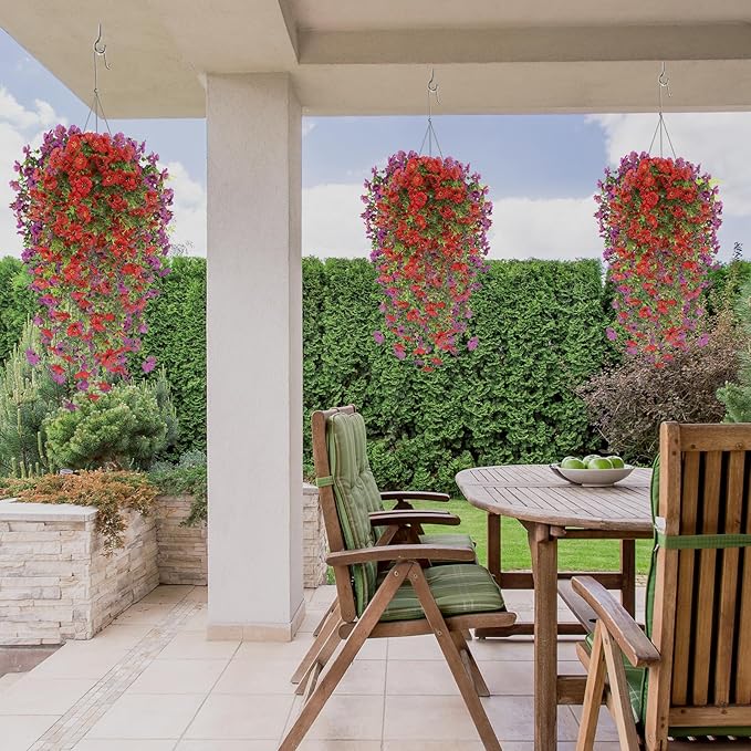 Artificial Hanging Flowers for Outdoors, 6 Pcs Fake Plant for Spring Summer Decoration, UV Resistant Realistic Silk Faux Flowers Outside Indoor Planter Porch Patio Balcony Yard Decor