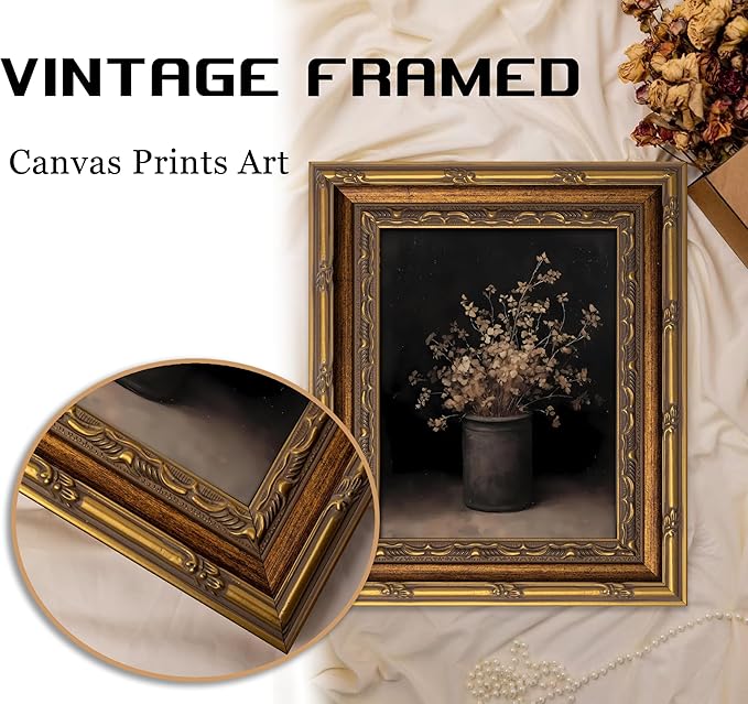 Vintage Gold Framed Wall Art Fall Dried Flowers Antique Vase Country Oil Painting Canvas Prints Dark Moody Rustic Still Life Picture Gothic Victorian Botanical Poster Artwork for Bedroom, 9x11in