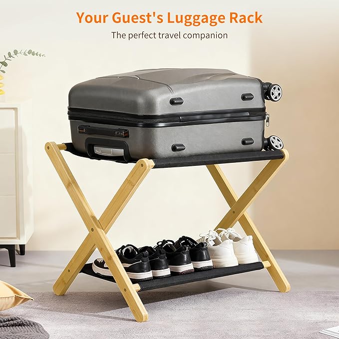 Heybly Luggage Rack, Pack of 2, Folding Suitcase Stand with Storage Shelf, Heavy-Duty Luggage Holder for Guest Room Bedroom Hotel, Holds up to 165 lb,Natural, HLR010N2