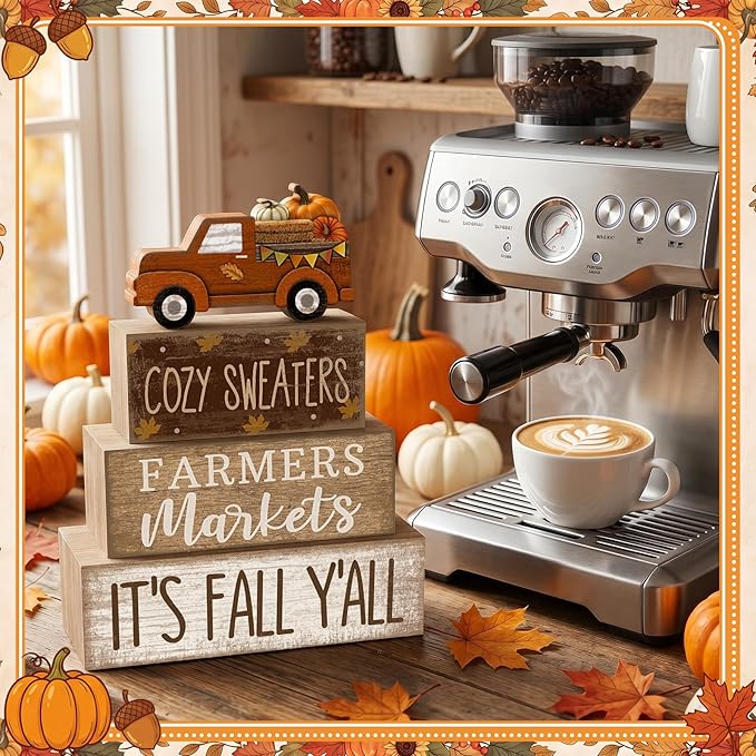 Lineshading 4 Pcs Fall Table Decoration for Home Fall Truck Decor Thanksgiving Tiered Tray Decor Rustic Wooden Pumpkin Truck Block Sign Thanksgiving Centerpiece Autumn Decorations for Harvest Party