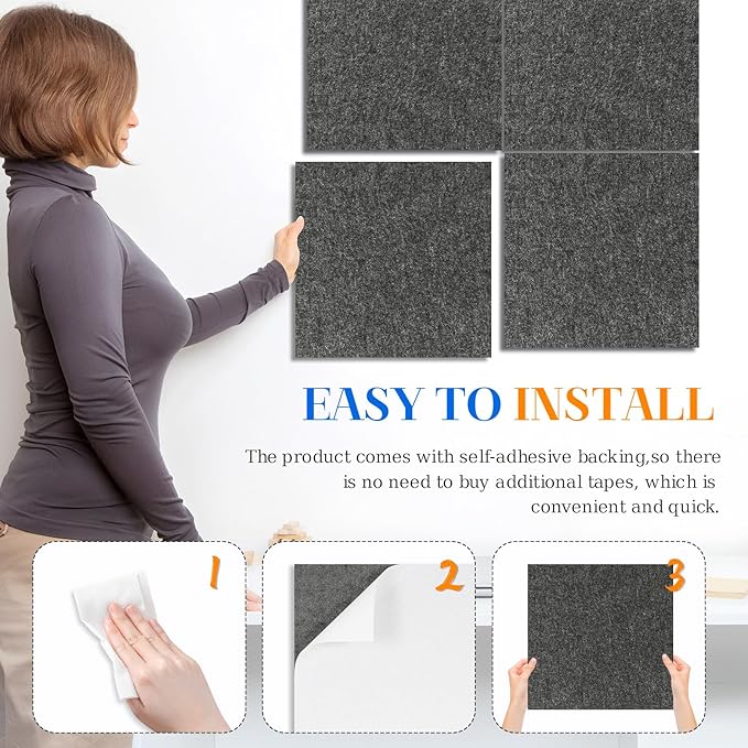 DOLLAR BOSS Felt Cork Board Tiles, 4 Packs 12" x 12" 1/2" Thick Cork Bulletin Board Self Adhesive Acoustic Panels Soundproof Corkboards for Walls with 40 Pushpins for Home Office Kitchen School, Grey