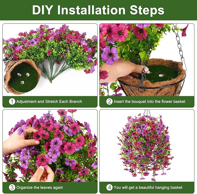 INQCMY Artificial Hanging Flowers with Basket for Spring Outdoor Decoration 3 Bunches of Silk Daisy Flower Uv Resistant for Garden Porch Patio Balcony Yard Decor (Purple Red)