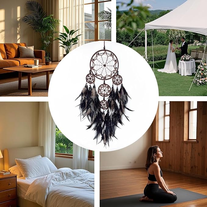 Large Dream Catcher Wall Decor Black Dream Catchers with Wooden Bead Handmade Feather Dreamcatcher Wall Hanging Ornament for Bedroom Living Room Home Decor