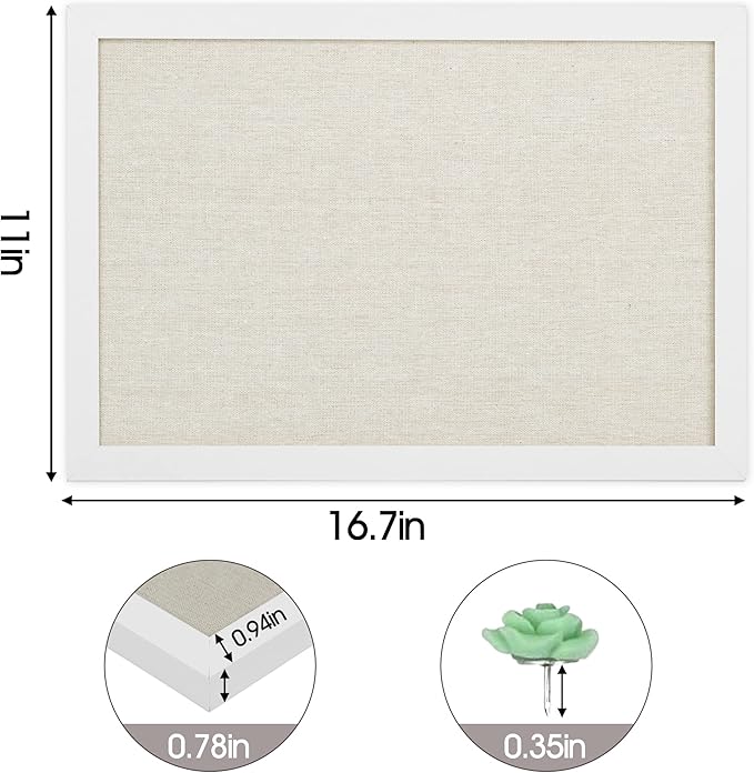 AKTOP Cork Board Bulletin Board with Linen 16.7" X 11", Small Framed Corkboard for Wall, Hanging Pin Board Picture Board for Home Office Decor, Cute Vision Board with 8 Pushpins (Vintage White)