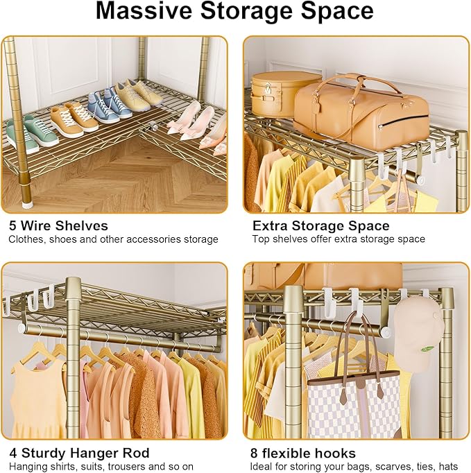E15 Garment Rack L Shaped Clothes Rack for Corner，Freestanding Clothing Racks for Hanging Clothes，Heavy Duty Closet Organizer with 4 Hanging Rods & 8 S Hooks，43.4" W x 15.8" D x 78.4" H，Gold
