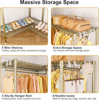 E15 Garment Rack L Shaped Clothes Rack for Corner，Freestanding Clothing Racks for Hanging Clothes，Heavy Duty Closet Organizer with 4 Hanging Rods & 8 S Hooks，43.4" W x 15.8" D x 78.4" H，Gold