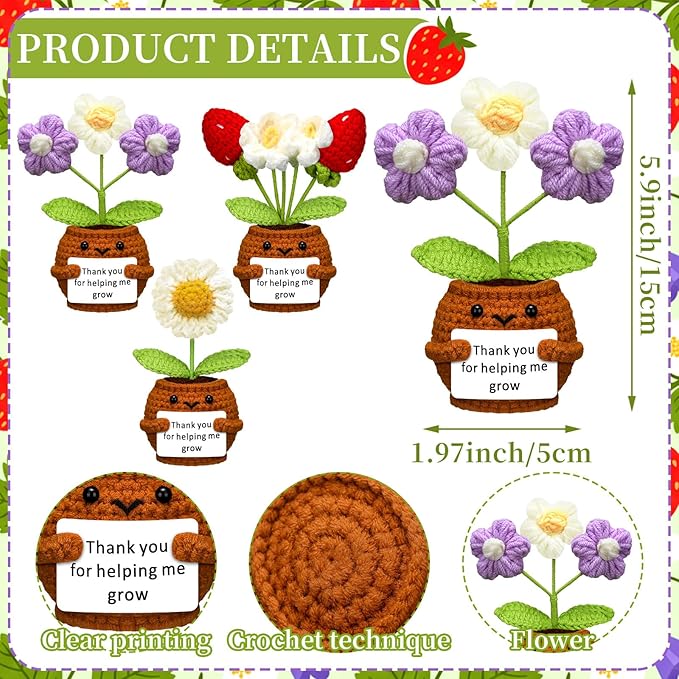 Wavwavw 3 Pack Teacher Appreciation Gift Positive Flower Handmade Crochet Doll Thank You for Helping Me Grow Gifts Back to School Gifts for Women Teacher(Strawberry, Puff and Sunflower)