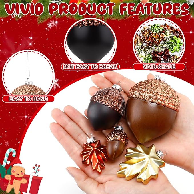 Soaoo 30 Pcs Acorn Hanging Ornaments for Winter Tree Maple Leaves Plastic Hanging Pendant Small Winter Decorations for Home Table Fireplace Party Decor(Matte Style)