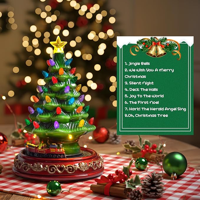 VISFLAIR Ceramic Christmas Tree with Rotating Train- Musical Christmas Tree Decorations with 38 Multicolored Lights for Home Tabletop Decor, Xmas Gift