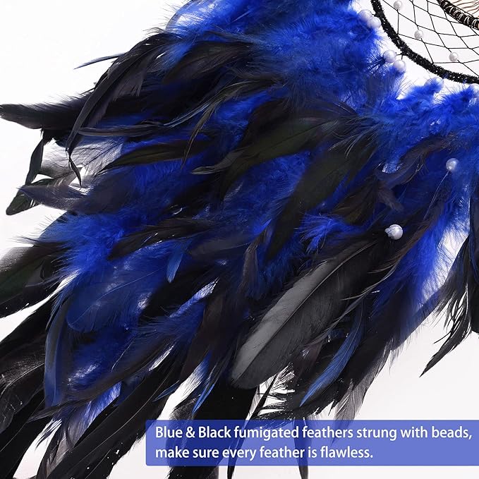 Dreamlike Deep Blue Tree of Life Dream Catcher Wall Decor with Healing Crystal Stone Handmade Feather Dream Catchers Decoration Wall Hanging for Girls Bedroom Living Room Wedding Party Home Décor