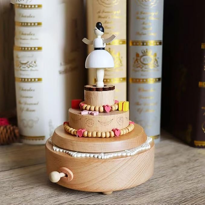Natural Solid Wood Handcrafted Beech Wooden, Musical FigureTotoro/Carousel/Fairy/Ballerina Figurine,Rotating Hand Crank Mechanism Music Box,Musical Decorations (Lovely Girl's Birthday Cake)