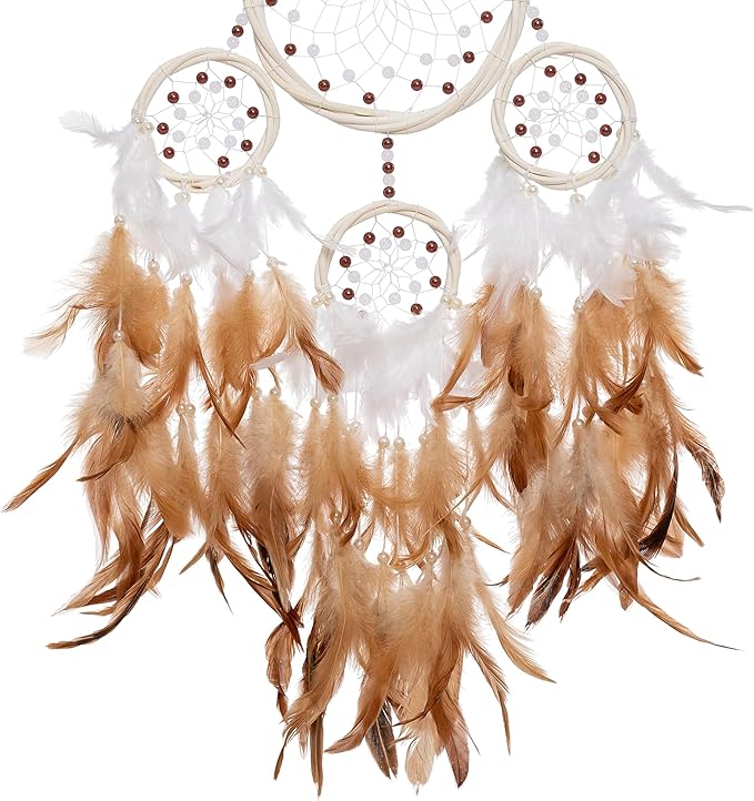 Large Rattan Dream Catchers - Brown Rooster Feather with Luxury Pearl, Multiring, Handmade Dreamcatcher for Bedroom, Dream Catcher for Girls, Dream Catchers for Boys, Dream Catcher Wall Decor