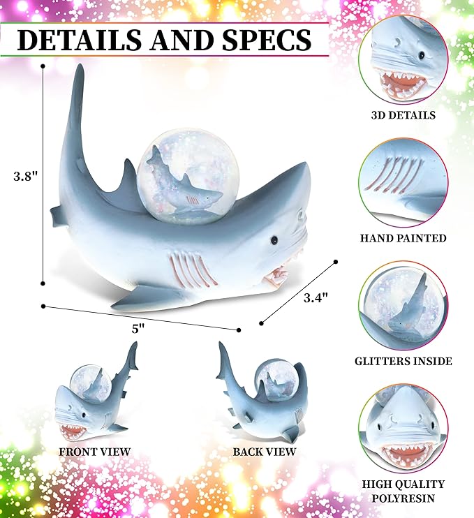 COTA Global Shark Snow Globe - Ocean Life Animal Water Globe Figurine with Sparkling Glitter, Zoo Collectible Novelty Ornament for Home Decor, for Birthdays, Christmas, Valentine – 45mm