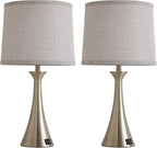 Touch Lamp for Living Room Bedroom, 21" Table Lamps Set of 2 with USB C+A Ports and Grey Lamp Shades, Touch Bedside Lamps for Nightstand with 3 Way Dimmable, 2 LED Bulbs Included, Silver