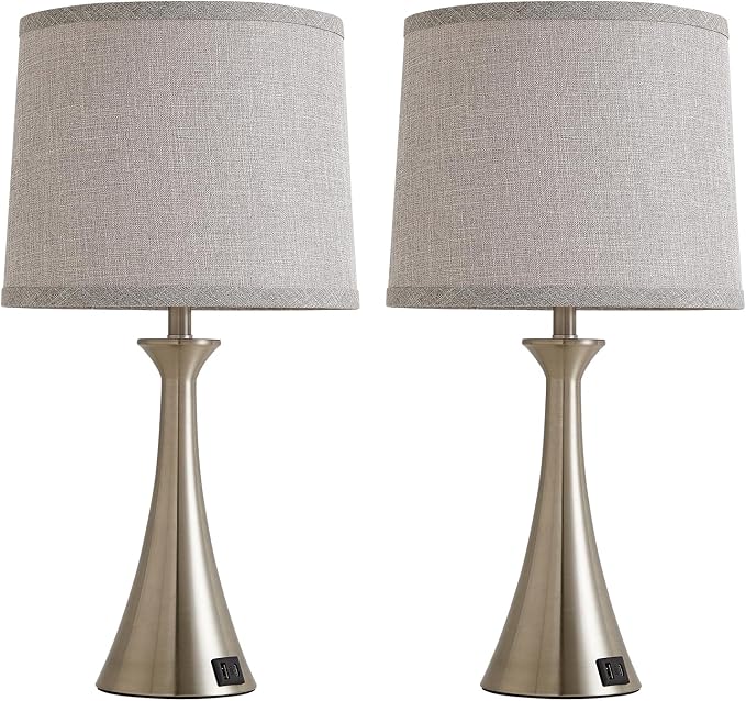 Touch Lamp for Living Room Bedroom, 21" Table Lamps Set of 2 with USB C+A Ports and Grey Lamp Shades, Touch Bedside Lamps for Nightstand with 3 Way Dimmable, 2 LED Bulbs Included, Silver