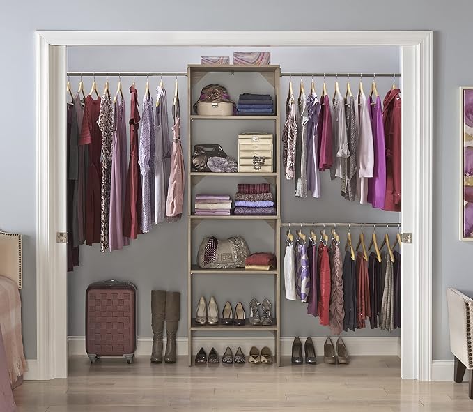 ClosetMaid SuiteSymphony Wood Closet Organizer Starter Kit with Tower and 3 Hang Rods, Shelves, Adjustable, Fits Spaces 5 – 10 ft. Wide, Natural Gray