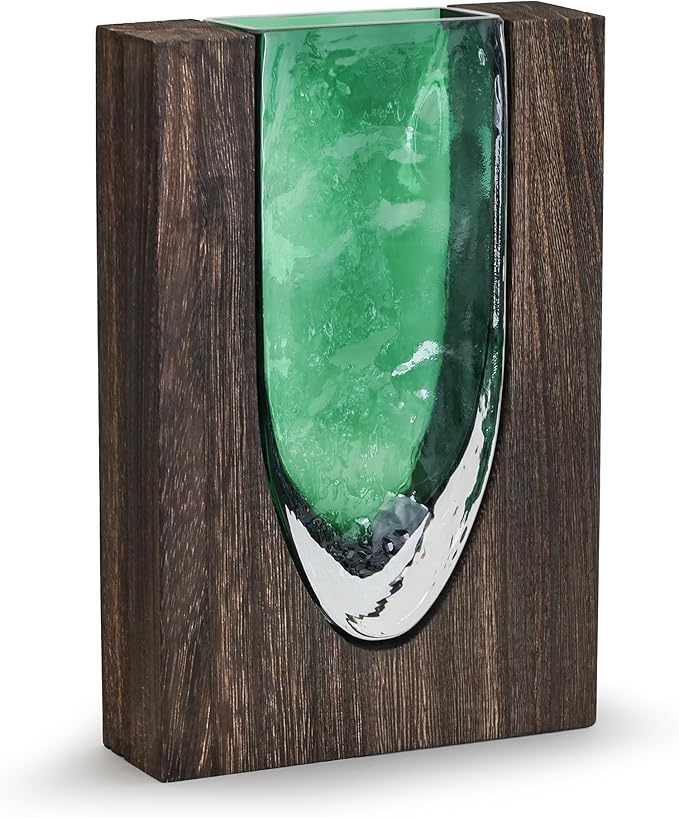 Wood and Glass Inlay Vases Farmhouse Wooden Glass Flower Vase Solid Wood Glass Vase Home Decor Vases for Centerpiece (9.37)